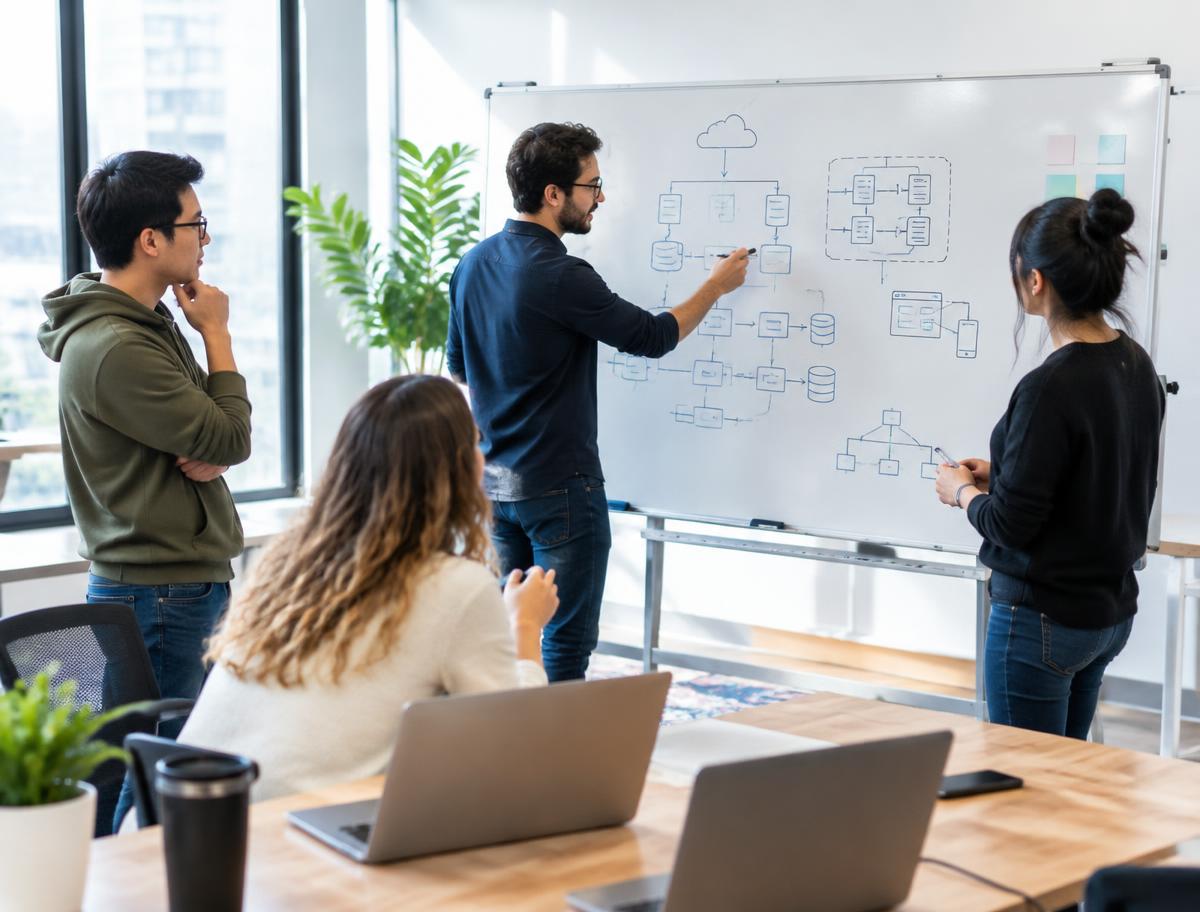 Developers collaborating around an architecture diagram